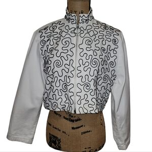 Vnt 80s Malave Lower East White Denim Scripted Embroderied Cropped Jacket Small